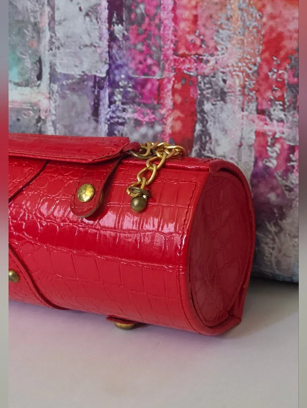 Bottle Carrier Cylinder Bag Croc-Texture W/ Gold Hardware